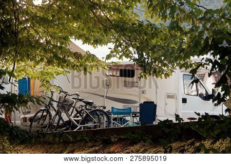 Barcis, Pordenone, Italy A Picturesque Place Camping Tourist Parking By Cars And Bicycles.