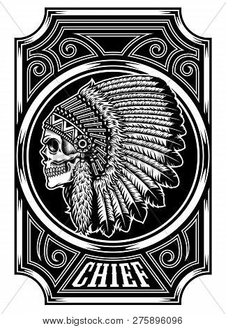 Native American Indian Chief Skull In Black And White