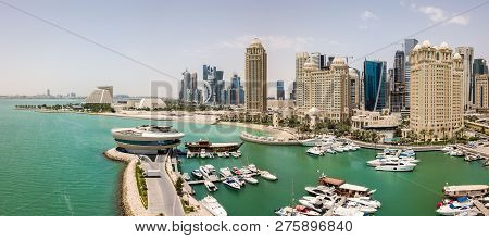 The Skyline Of Doha, Qatar. Modern Rich Middle Eastern City Of Skyscrapers, Aerial View In Good Weat