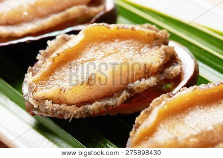 Three Fresh Abalone Seafood On The Green Leaf