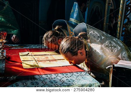Voyutyn, Volyn / Ukraine - October 14 2008: Priests And Blessed Altar Cloth In Local Church