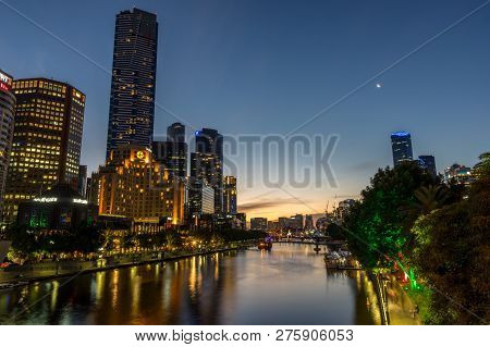 Melbourne, Australia - December 22, 2017: View Along The Yarra River, West From Princes Bridge. The 