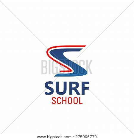 Surf School Vector Sign. Creative Vector Emblem In Red And Blue Colors For Surfing School. Ocean And