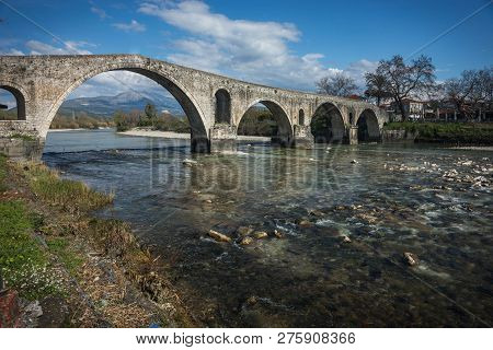 Medieval Bridge Over River Arahthos In Arta, Greece