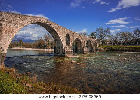 Medieval Bridge Over River Arahthos In Arta, Greece