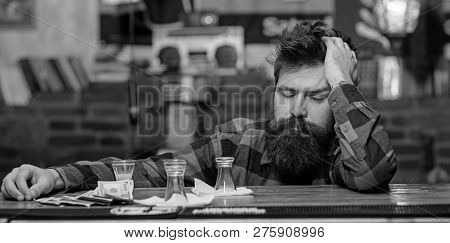 Hipster Fall Asleep Near Alcoholic Drink, Short Cocktail.