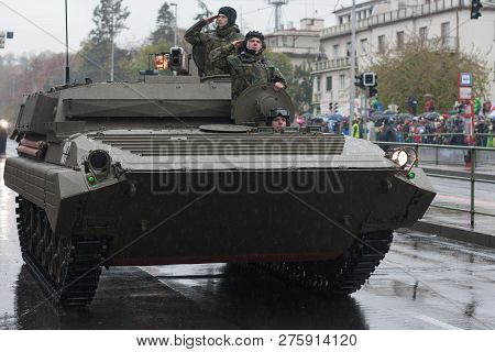 European Street, Prague-october 28, 2018: Soldiers Of Czech Army Are Riding  Recovery Tracked Vehicl
