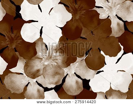 Hawaiian Watercolor Pattern. Brown Sienna Floral Tropical Seamless Print. Hibiscus And Oleander In H