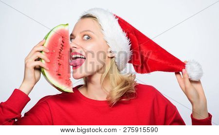 Christmas Girl Eat Watermelon. Travel Christmas Vacation And Holidays Resort. Tropical Christmas Con