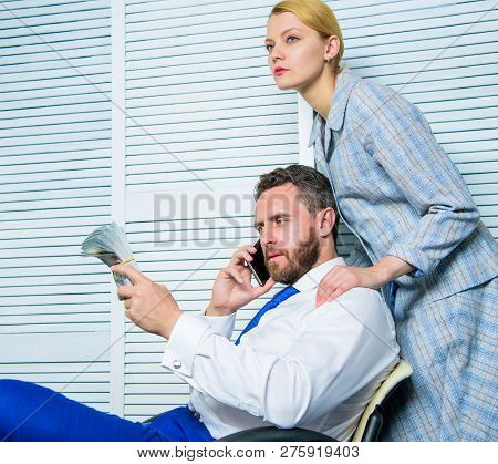 Blackmail And Money Extortion. Illegal Money Profit Concept. Man Speak Mobile Phone Ask For Money. A