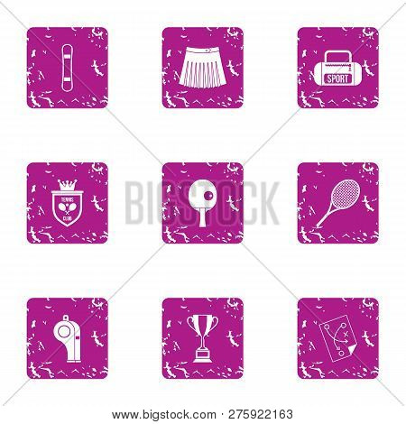Lawn Tennis Icons Set. Grunge Set Of 9 Lawn Tennis Icons For Web Isolated On White Background