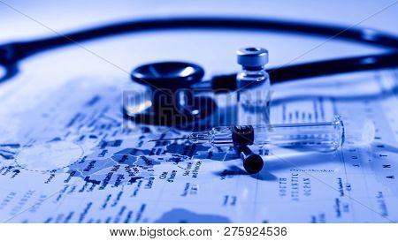Stethoscope Medical Drug Vaccine Syringe Needle Hypodermic Injection Treatment On Map World ,medical