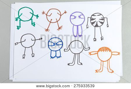Child Doodle Of Pair Of Cute Sheeps On Lawn With Green Grass And Flowers. Kid Drawing With Colorful 