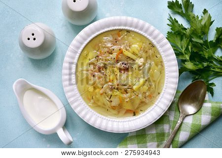 Cabbage Soup ( Shchi ) With Chicken.top View With Copy Space.