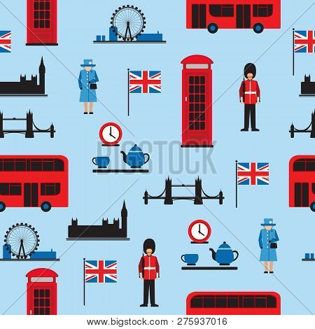 Set Of London Main Attractions Isolated On Blue Background. Seamless Pattern. Design Element For Fab