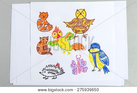 Child Doodle Of Pair Of Cute Sheeps On Lawn With Green Grass And Flowers. Kid Drawing With Colorful 