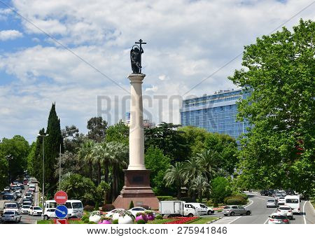 Sochi, Russia - June 2 2018. Monument To Archangel Michael On Kurortny Prospect Square