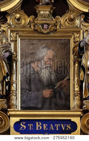 LUCERNE, SWITZERLAND - JUNE 24, 2018: Saint Beatus, altarpiece in the church of St. Leodegar in Lucerne, Switzerland
