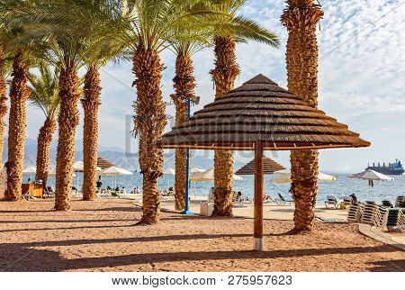 Eilat Sand Beach Over Red Sea.