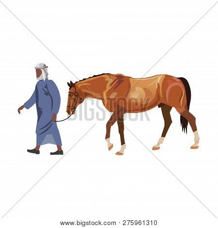 Arab Man In A Traditional Outfit Leads A Racing Horse. Vector Illustration Isolated On White Backgro
