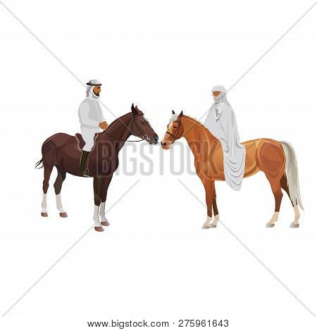 Arab Man And Woman In Traditional Dress On Horseback . Vector Illustration Isolated On White Backgro