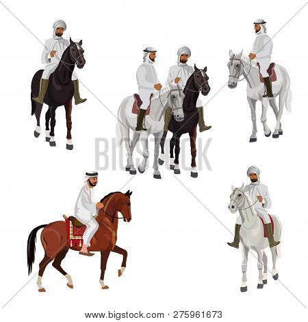 Set Of Arabian Riders In Traditional Dress. Vector Illustration Isolated On White Background