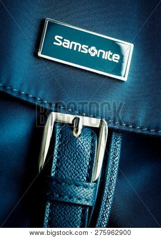 MOSCOW - DECEMBER 28, 2018: Samsonite label on a backpack. Samsonite International is an American luggage manufacturer and retailer