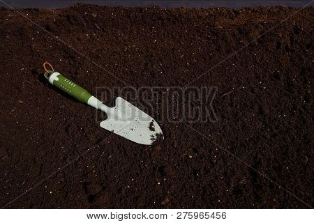Garden trowel in substratum for orchard background
