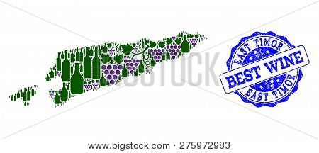 Vector Collage Of Grape Wine Map Of East Timor And Grunge Stamp For Best Wine. Map Of East Timor Col