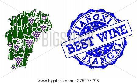 Vector Collage Of Grape Wine Map Of Jiangxi Province And Grunge Seal Stamp For Best Wine. Map Of Jia