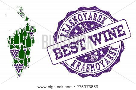 Vector Collage Of Grape Wine Map Of Krasnoyarskiy Kray And Grunge Stamp For Best Wine. Map Of Krasno