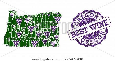 Vector Collage Of Grape Wine Map Of Oregon State And Grunge Stamp For Best Wine. Map Of Oregon State