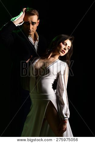 A Strong Attraction. Mime Man And Woman Act In Romantic Scene. Theatre Actors Miming Through Body Mo