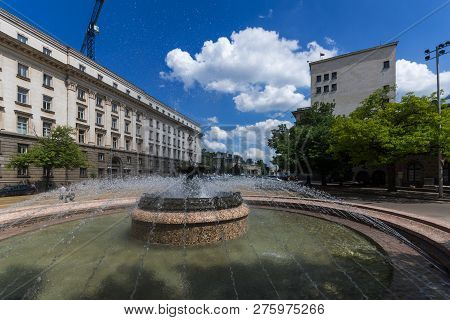 Sofia, Bulgaria -may 20, 2018: Fountain At Atanas Burov Square , Sofia, Bulgaria