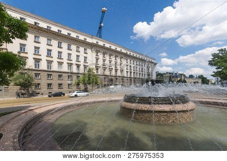 Sofia, Bulgaria -may 20, 2018: Fountain At Atanas Burov Square , Sofia, Bulgaria