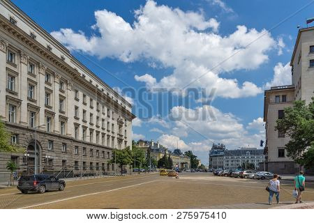Sofia, Bulgaria -may 20, 2018: Fountain At Atanas Burov Square , Sofia, Bulgaria