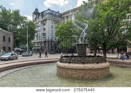 Sofia, Bulgaria -may 20, 2018: Fountain At Atanas Burov Square , Sofia, Bulgaria
