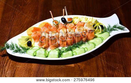 Fish Assortment On Big Plate. Redfish And Whitefish Platter On Table. One Thousand Flavors In One Pl