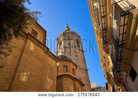 Valencia Plaza de la Virgen square and Miguelete tower also Micalet at Spain