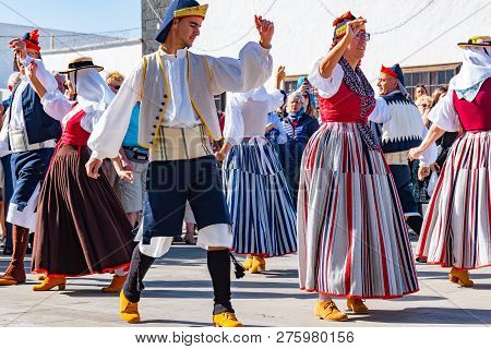 Lanzarote, Dec 15, 2018 - Traditional Dresst People At A Folklore Show In The Old Town Of Teguise On