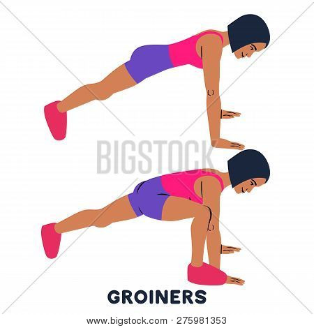 Groiners. Plank. Planking. Sport Exersice. Silhouettes Of Woman Doing Exercise. Workout, Training.