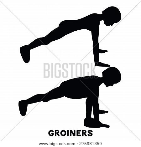 Groiners. Plank. Planking. Sport Exersice. Silhouettes Of Woman Doing Exercise. Workout, Training.