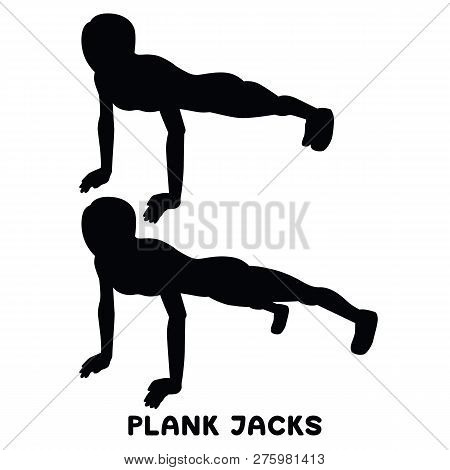 Plank Jacks. Plank. Planking. Sport Exersice. Silhouettes Of Woman Doing Exercise. Workout, Training