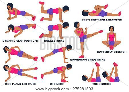 Sport Exersice. Silhouettes Of Woman Doing Exercise. Workout, Training.