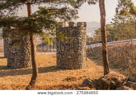 Stone Structures Resembling Castle Towers At Public Mountain Park On Sunny Day In Yesan, South Korea