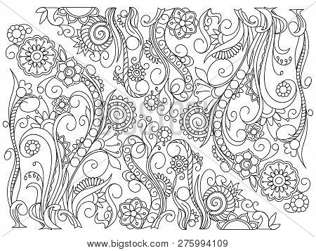 Hand Drawn Floral Background In Boho Style With Mandalas And Flowers. Isolated Page For Adult Anti-s