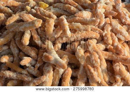 Close Up Of Delicious Crispy Crunchy Bengali Sweet Goja, Gaja With Sugar Coating In The Shop In Open