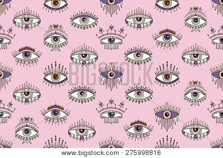 Seamless Pattern With Eyes Magical Pattern. Mystical Icon Hand Drawn Print. Cartoon Style, Sign Esot