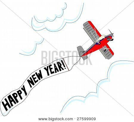 kleine Flugzeug fliegt mit frohes neues flag