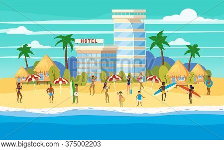 Seashore Beach Hotel Resort Bungalo, Summer Vacation. Vector Illustration Isolated